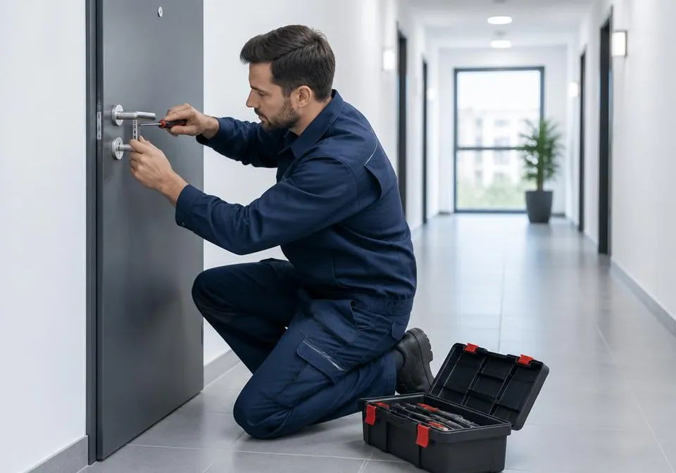 Técnico com farda azul-marinho a intervir na maçaneta de uma porta de apartamento, com caixa de ferramentas no chão do corredor